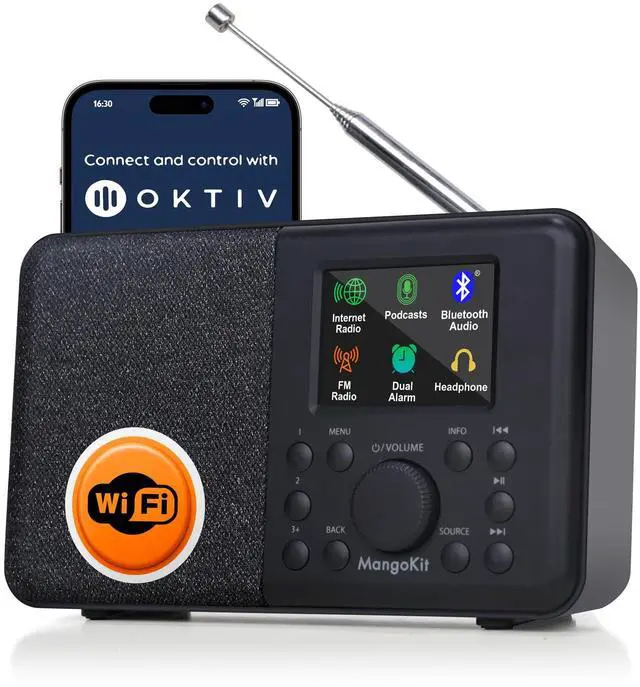 Main image of SR10 WiFi Radio, Bluetooth, FM & Internet, Black | 60 presets, dual alarms, colour display, OKTIV App control, podcast player, mains or AA battery, headphone jack, compact