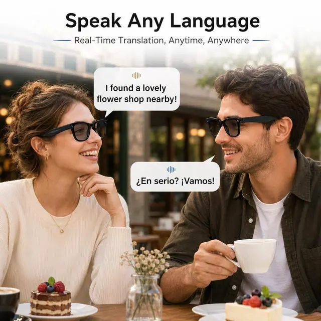 Alt view image 4 of 6 - AI Smart Glasses with Camera, 13MP HD Capture, 4K EIS Video, Photochromic | Object Recognition, Real-Time Translation, AI Assistant, Dual Open-Ear Speakers, Bluetooth, IP66 Water Resistance, Sunglasse