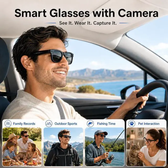 Alt view image 6 of 6 - AI Smart Glasses with Camera, 13MP HD Capture, 4K EIS Video, Photochromic | Object Recognition, Real-Time Translation, AI Assistant, Dual Open-Ear Speakers, Bluetooth, IP66 Water Resistance, Sunglasse