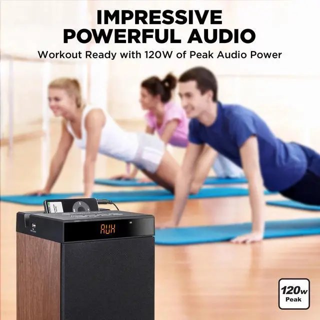 Alt view image 4 of 6 - Bluetooth Tower Speaker with Subwoofer Built in - Floorstanding Home Speaker with Powerful Bass and Dual Drivers, 120W Peak Power, MP3 3.5mm Aux, USB 2.0 Port Flash Drive, FM Radio (Walnut)