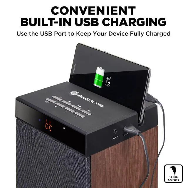Alt view image 6 of 6 - Bluetooth Tower Speaker with Subwoofer Built in - Floorstanding Home Speaker with Powerful Bass and Dual Drivers, 120W Peak Power, MP3 3.5mm Aux, USB 2.0 Port Flash Drive, FM Radio (Walnut)