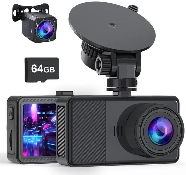 Main image of Dash Cam Front and Rear, 2.5K+1080P Dual Dash Camera for Cars, 2 Display Mini Car Camera, G-Sensor Dashcam, Night Vision, 24H Parking Mode, Loop Recording, 170°Wide Angle, 64GB Card Included