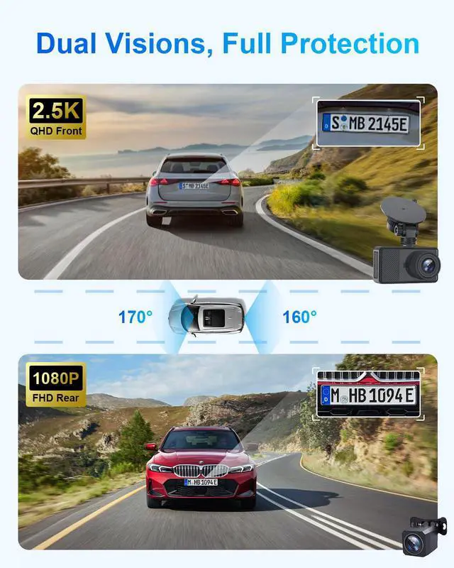 Alt view image 3 of 6 - Dash Cam Front and Rear, 2.5K+1080P Dual Dash Camera for Cars, 2 Display Mini Car Camera, G-Sensor Dashcam, Night Vision, 24H Parking Mode, Loop Recording, 170°Wide Angle, 64GB Card Included
