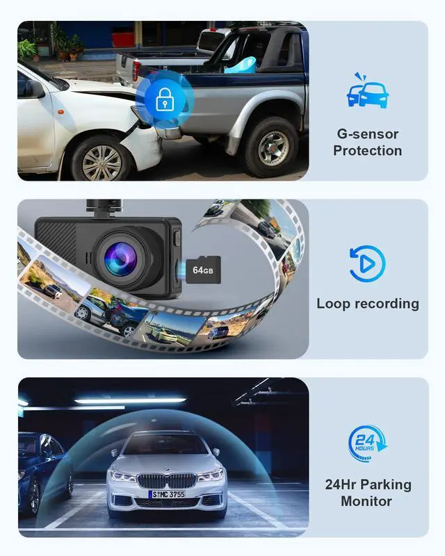 Alt view image 5 of 6 - Dash Cam Front and Rear, 2.5K+1080P Dual Dash Camera for Cars, 2 Display Mini Car Camera, G-Sensor Dashcam, Night Vision, 24H Parking Mode, Loop Recording, 170°Wide Angle, 64GB Card Included