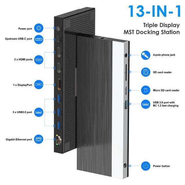 Alt view image 2 of 6 - USB C Docking Station 3 Monitor with 100W PD, USB-C Laptop Dock Triple Display for Dell Hp Lenovo Windows, Type C Adapter Hub - Dual HDMI, DisplayPort, Ethernet, 4 USB3.0, SD/TF Slot, Audio | Laptop D