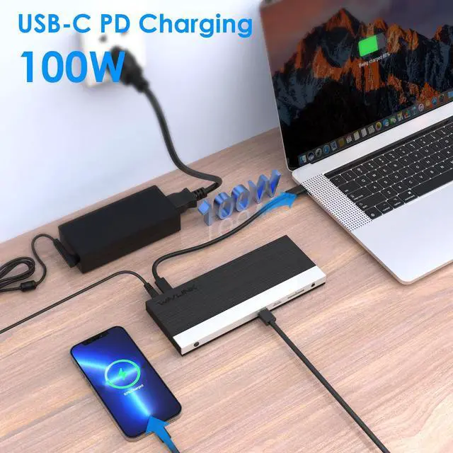 Alt view image 6 of 6 - USB C Docking Station 3 Monitor with 100W PD, USB-C Laptop Dock Triple Display for Dell Hp Lenovo Windows, Type C Adapter Hub - Dual HDMI, DisplayPort, Ethernet, 4 USB3.0, SD/TF Slot, Audio | Laptop D