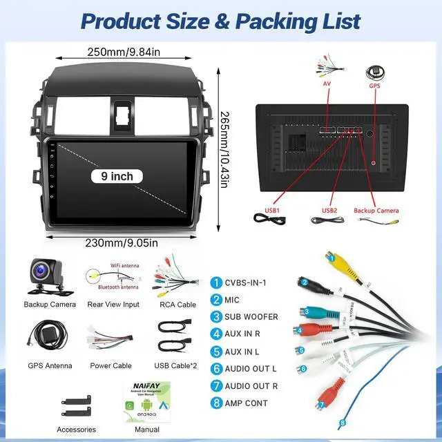 Alt view image 6 of 6 - 8Core Android Car Radio for Toyota Corolla 2009 2010 2011 2012 2013 | (Not Fit J.B.L) 2G+32G 9inch IPS Screen for Corolla Stereo with CarPlay,Android Auto,Bluetooth,FM,GPS,WiFi,SWC,Camera