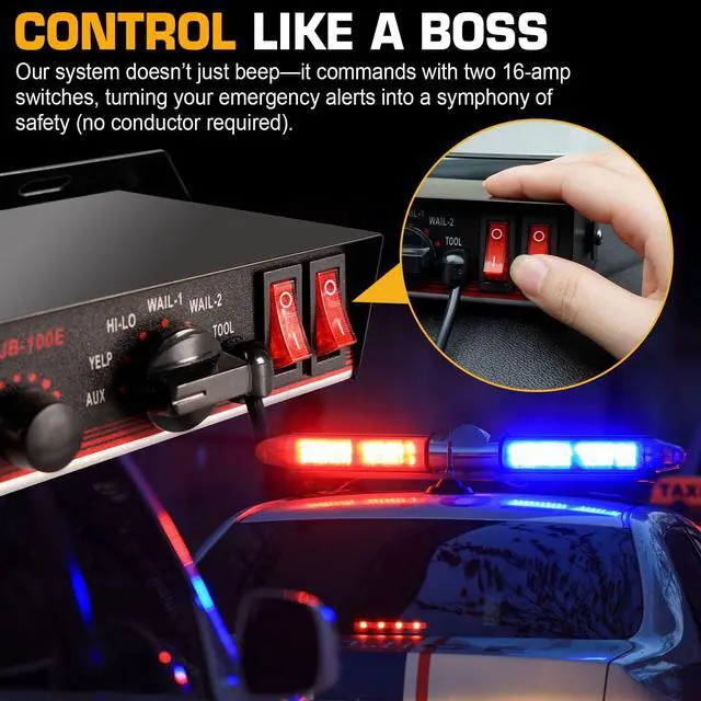 Alt view image 4 of 6 - 150W Emergency Vehicle Siren with PA System - 108-134dB Police/Fire Truck Sirens, Yelp/Wail/Hi-Lo Modes, IP67 Waterproof, Includes Mic & Speaker for Car PA Systems | Truck pa System kit