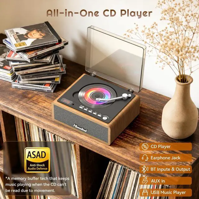 Alt view image 2 of 6 - Retro CD Player, Wood Vintage CD Players for Home | HiFI Bass Boost with Remote Control, Sleep Timer, USB/AUX Playback-Walnut Brown