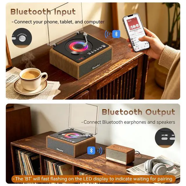 Alt view image 3 of 6 - Retro CD Player, Wood Vintage CD Players for Home | HiFI Bass Boost with Remote Control, Sleep Timer, USB/AUX Playback-Walnut Brown