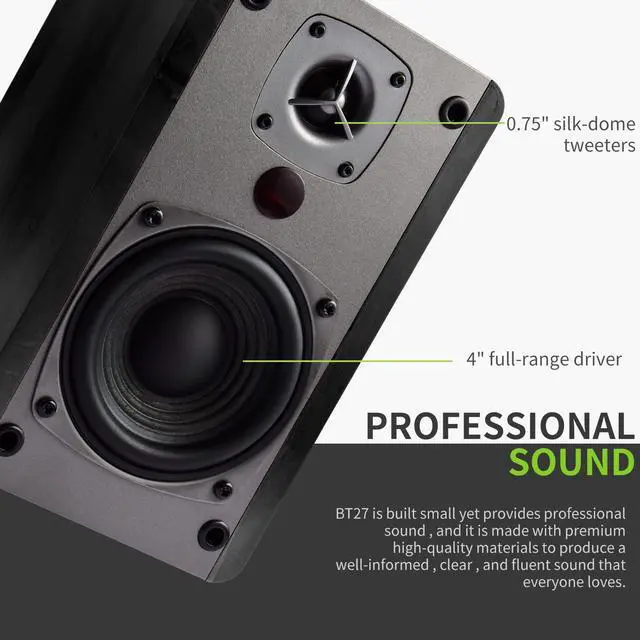 Alt view image 4 of 6 - BT27 Active Powered Bluetooth Bookshelf Speakers - 60W RMS Studio Monitor Speakers for PC, TV, Turntable - High Fidelity Wooden Enclosure with Remote Control - Black