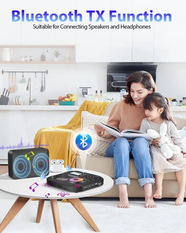 Alt view image 2 of 6 - Bluetooth CD Player Portable with FM Transmitter and Dual Speakers | Rechargeable, Anti-Skip with Headphones and AUX Use for Car, Travel, Home