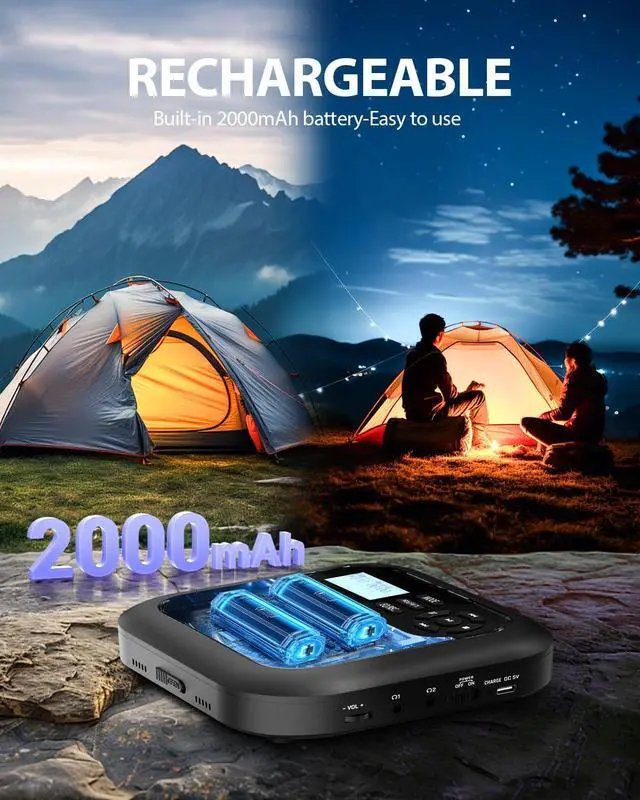 Alt view image 3 of 6 - Bluetooth CD Player Portable with FM Transmitter and Dual Speakers | Rechargeable, Anti-Skip with Headphones and AUX Use for Car, Travel, Home