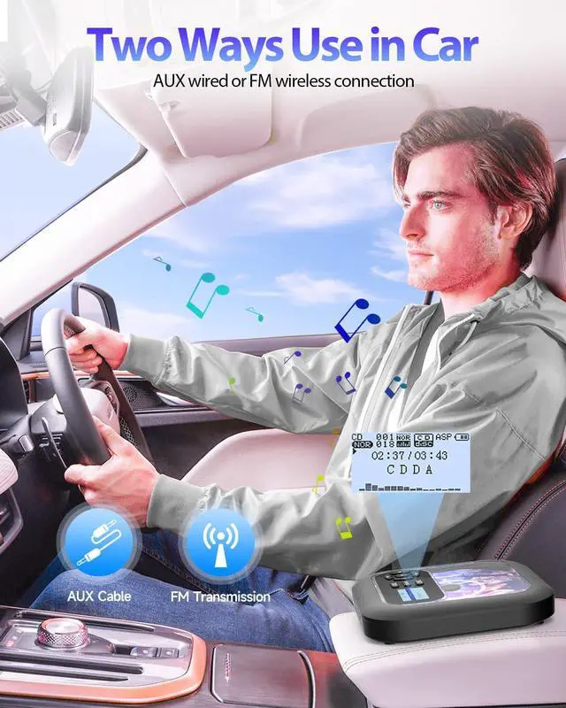 Alt view image 4 of 6 - Bluetooth CD Player Portable with FM Transmitter and Dual Speakers | Rechargeable, Anti-Skip with Headphones and AUX Use for Car, Travel, Home