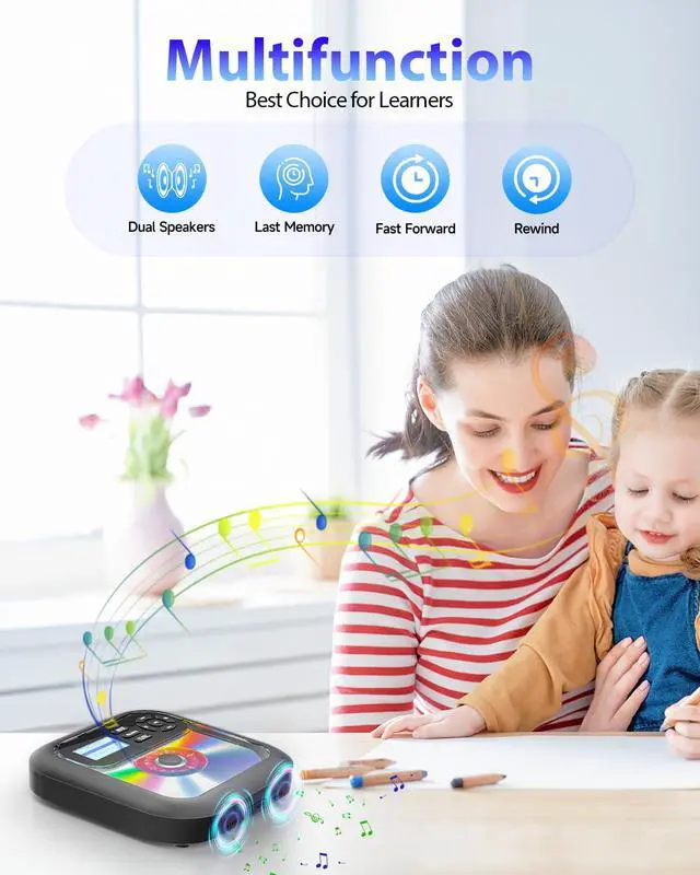 Alt view image 5 of 6 - Bluetooth CD Player Portable with FM Transmitter and Dual Speakers | Rechargeable, Anti-Skip with Headphones and AUX Use for Car, Travel, Home