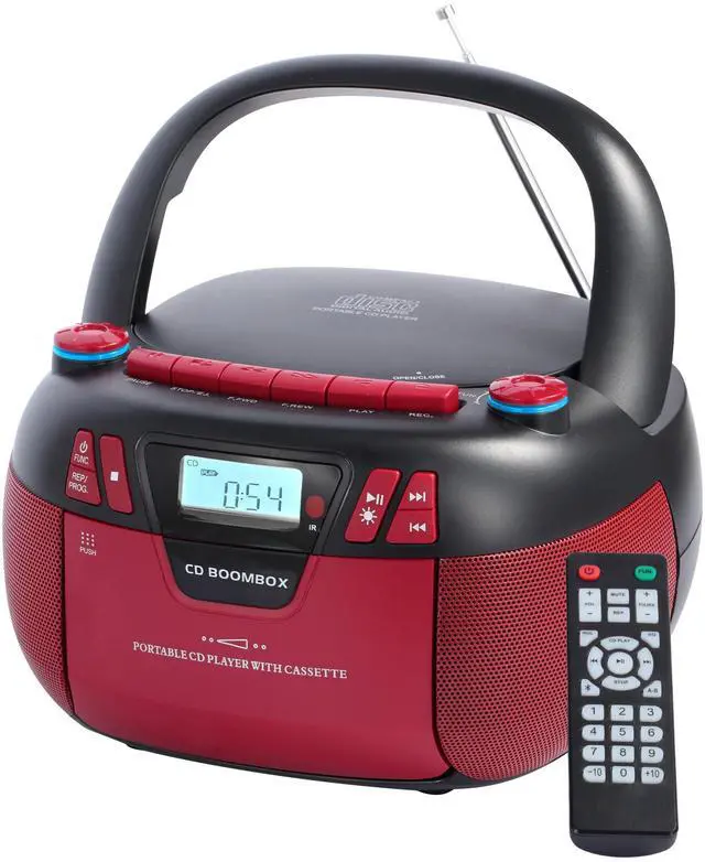 Main image of Boombox CD Player with Bluetooth and Cassette Player | Portable AM/FM Radio, MP3/USB/AUX Input, Stereo Sound System with Recorder, AC & Battery Powered for Home & Outdoor (RED)