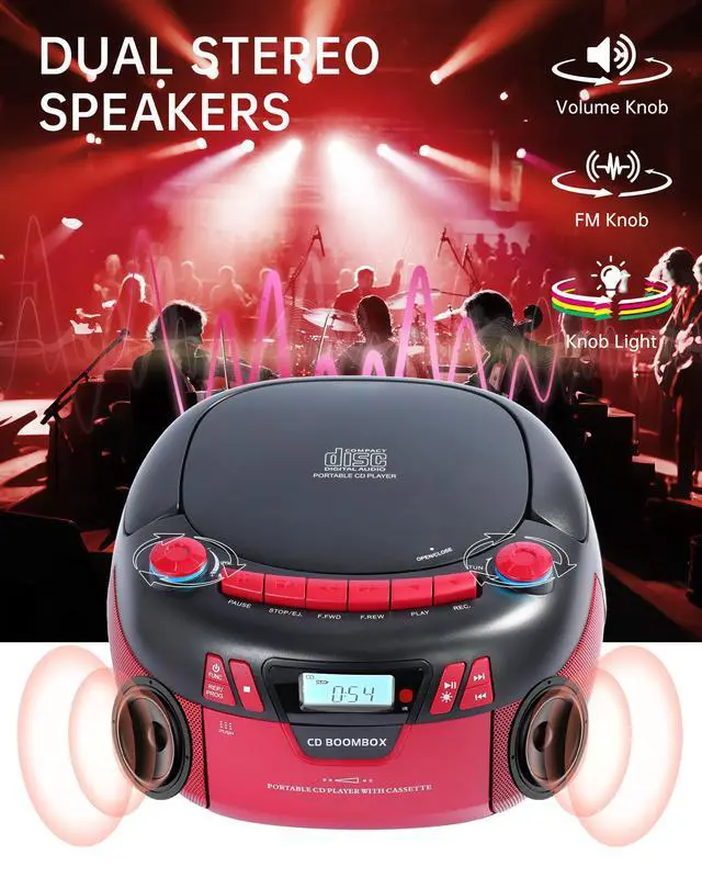 Alt view image 2 of 6 - Boombox CD Player with Bluetooth and Cassette Player | Portable AM/FM Radio, MP3/USB/AUX Input, Stereo Sound System with Recorder, AC & Battery Powered for Home & Outdoor (RED)