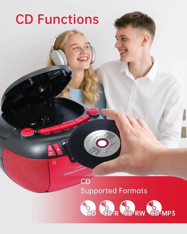 Alt view image 3 of 6 - Boombox CD Player with Bluetooth and Cassette Player | Portable AM/FM Radio, MP3/USB/AUX Input, Stereo Sound System with Recorder, AC & Battery Powered for Home & Outdoor (RED)