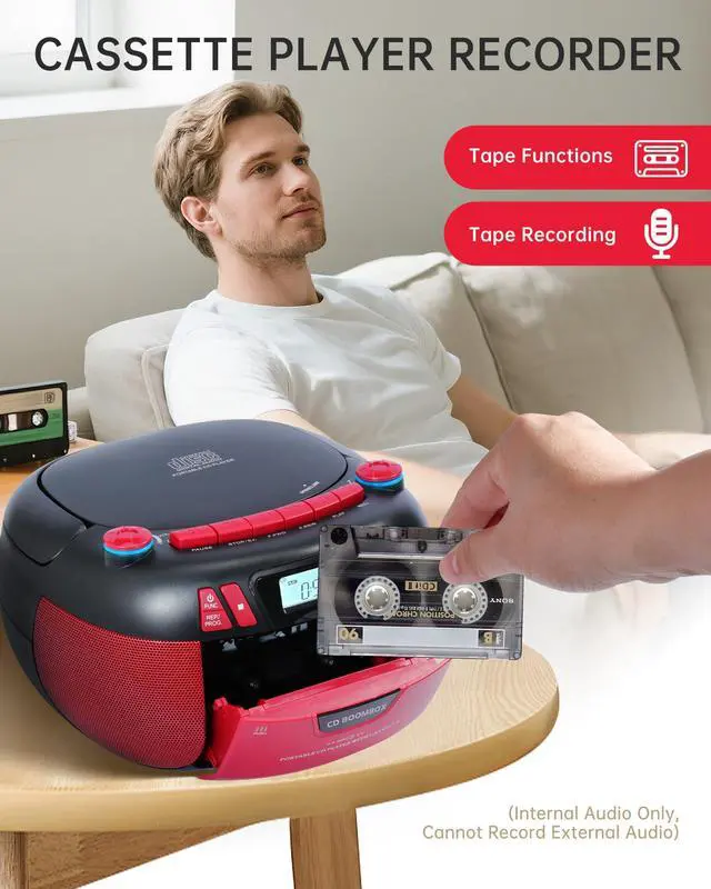 Alt view image 4 of 6 - Boombox CD Player with Bluetooth and Cassette Player | Portable AM/FM Radio, MP3/USB/AUX Input, Stereo Sound System with Recorder, AC & Battery Powered for Home & Outdoor (RED)