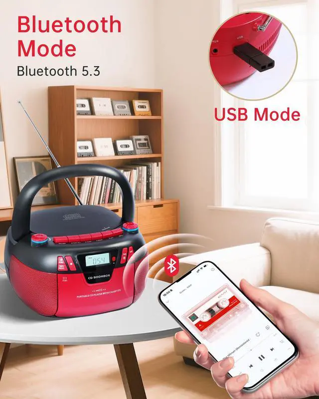 Alt view image 5 of 6 - Boombox CD Player with Bluetooth and Cassette Player | Portable AM/FM Radio, MP3/USB/AUX Input, Stereo Sound System with Recorder, AC & Battery Powered for Home & Outdoor (RED)