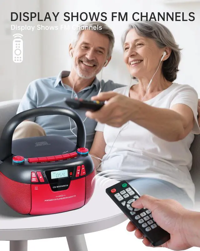 Alt view image 6 of 6 - Boombox CD Player with Bluetooth and Cassette Player | Portable AM/FM Radio, MP3/USB/AUX Input, Stereo Sound System with Recorder, AC & Battery Powered for Home & Outdoor (RED)