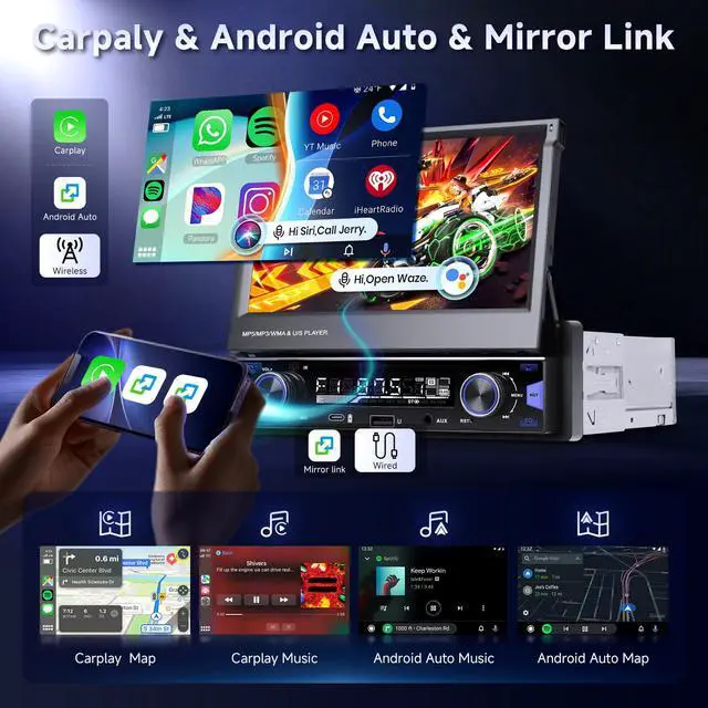Alt view image 2 of 6 - 7 inch Single Din Touch Screen Car Stereo Flip Out Wireless CarPlay Android Auto, 1 Din Car Radio with Bluetooth with RDS AM FM Radio Car Audio Receiver Mirror Link,Type-C/USB/AUX+ Backup Cam