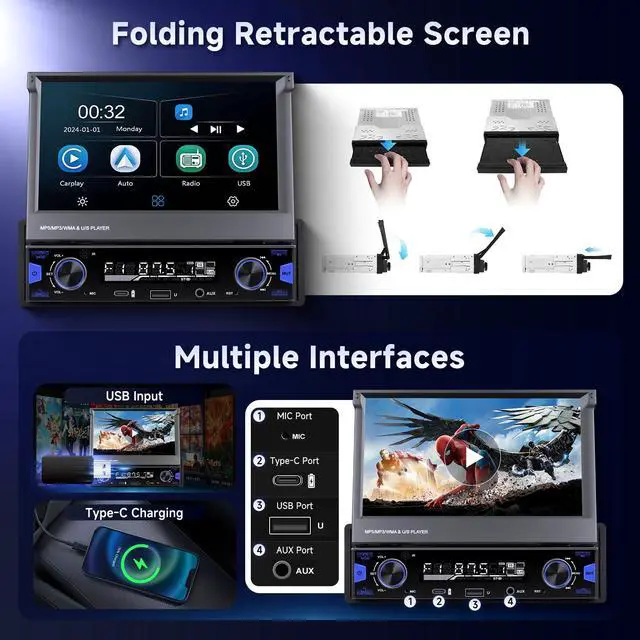 Alt view image 4 of 6 - 7 inch Single Din Touch Screen Car Stereo Flip Out Wireless CarPlay Android Auto, 1 Din Car Radio with Bluetooth with RDS AM FM Radio Car Audio Receiver Mirror Link,Type-C/USB/AUX+ Backup Cam