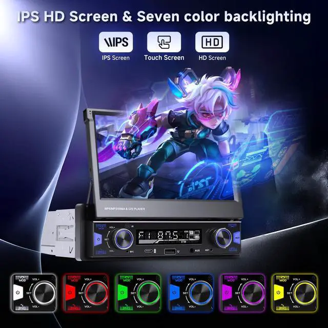 Alt view image 5 of 6 - 7 inch Single Din Touch Screen Car Stereo Flip Out Wireless CarPlay Android Auto, 1 Din Car Radio with Bluetooth with RDS AM FM Radio Car Audio Receiver Mirror Link,Type-C/USB/AUX+ Backup Cam