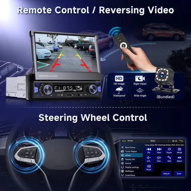 Alt view image 6 of 6 - 7 inch Single Din Touch Screen Car Stereo Flip Out Wireless CarPlay Android Auto, 1 Din Car Radio with Bluetooth with RDS AM FM Radio Car Audio Receiver Mirror Link,Type-C/USB/AUX+ Backup Cam