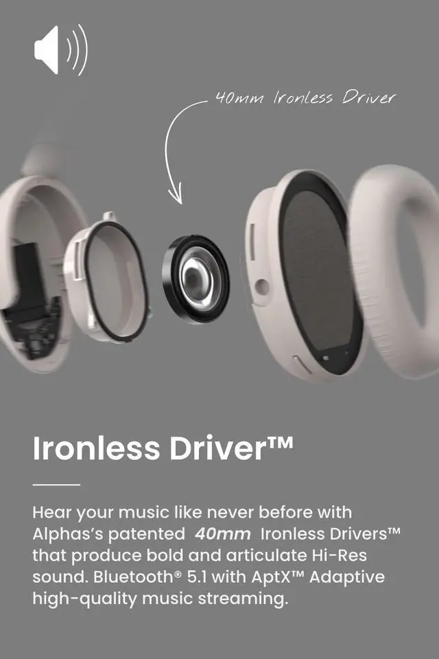 Alt view image 3 of 6 - Audio Alpha Active Noise Canceling Headphones, Stone | Adaptive, Bluetooth, Dual-Microphone, Touch Controls, 35 Hr Battery Life, Multipoint Connection, Dirac Spatial Audio