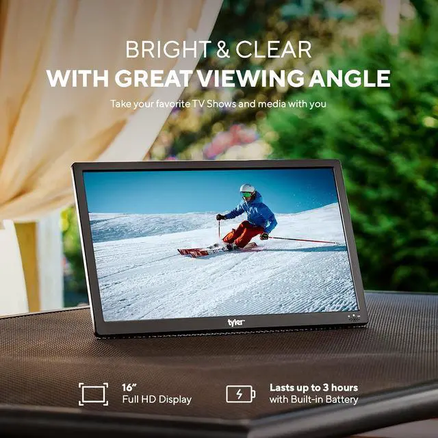 Alt view image 2 of 6 - 16" Portable TV LCD Monitor Battery Powered Wireless Capability HD-TV, HDMI, USB, RCA, AC/DC, FM Radio, Car Charger, Remote Control, Built in Stand Small Mini for Car & Traveling