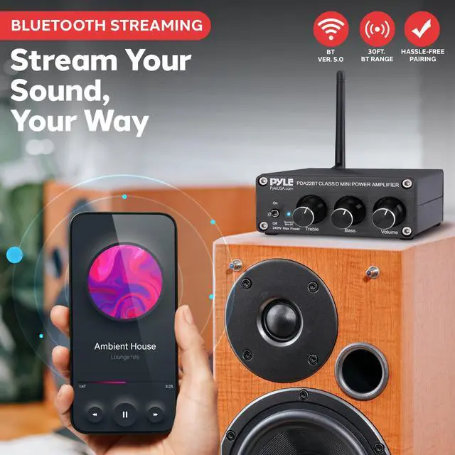 Alt view image 2 of 6 - 240W Mini Bluetooth Home Stereo Amplifier - 2 Channel Compact Micro Receiver with Bass & Treble Control Dials - Includes Power Supply - Use with Passive Speakers for Indoor - Garage - Desktop