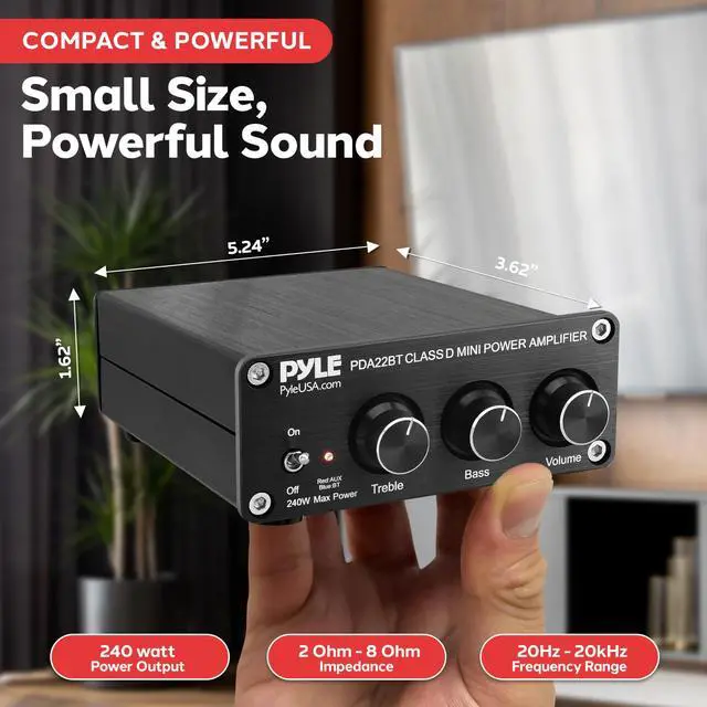 Alt view image 3 of 6 - 240W Mini Bluetooth Home Stereo Amplifier - 2 Channel Compact Micro Receiver with Bass & Treble Control Dials - Includes Power Supply - Use with Passive Speakers for Indoor - Garage - Desktop