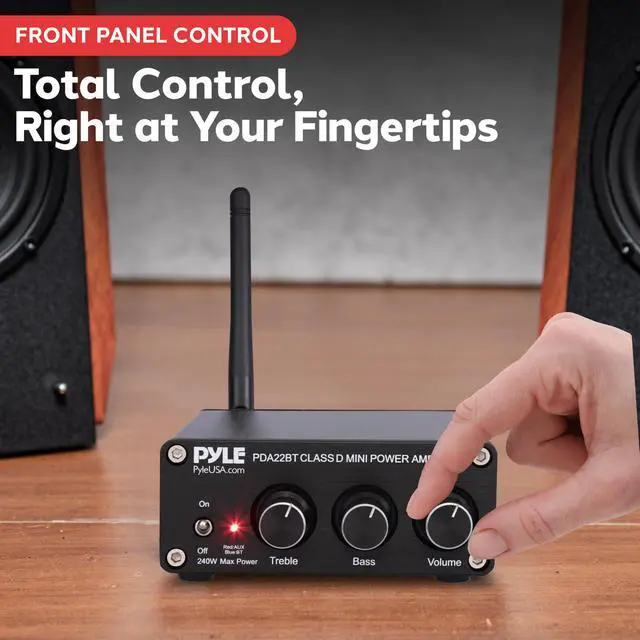 Alt view image 4 of 6 - 240W Mini Bluetooth Home Stereo Amplifier - 2 Channel Compact Micro Receiver with Bass & Treble Control Dials - Includes Power Supply - Use with Passive Speakers for Indoor - Garage - Desktop