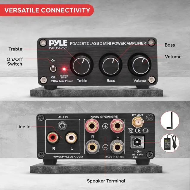 Alt view image 6 of 6 - 240W Mini Bluetooth Home Stereo Amplifier - 2 Channel Compact Micro Receiver with Bass & Treble Control Dials - Includes Power Supply - Use with Passive Speakers for Indoor - Garage - Desktop