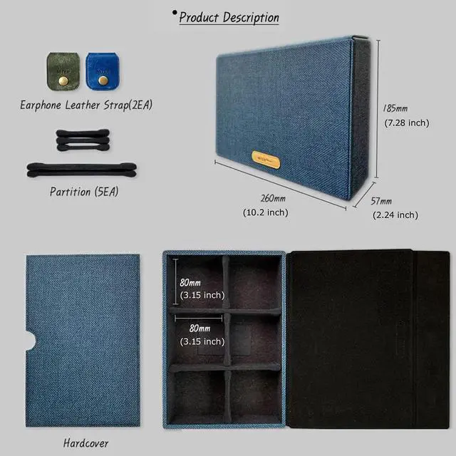 Alt view image 4 of 6 - Multi Carrying Case for 6 Earphones or 1 Music Player + 4 IEM Earphones, Handmade Italy PU Leather Hard Cover Storage Box (Multi Carrying Case-Black)