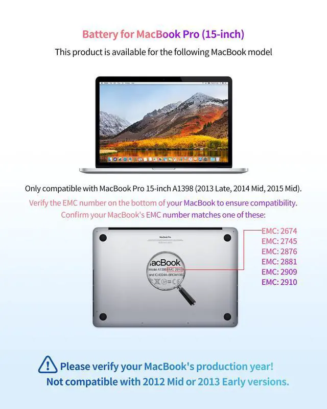 Alt view image 2 of 6 - Replacement Battery for MacBook Pro A1398, Retina 15-Inch, 2013-2015 | A1494/A1618 Battery models, Mid 2015,Mid 2014,Late 2013,11.26V 8700mAh 98Wh, up to 1000 cycles, tool kit, installation guide