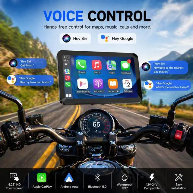 Alt view image 3 of 6 - CL871 6.25" Motorcycle CarPlay Screen, IP67, 900-Nit Display | Wireless CarPlay & Android Auto, 900-nit display, Bluetooth audio, auto brightness, IP67 and dual power options