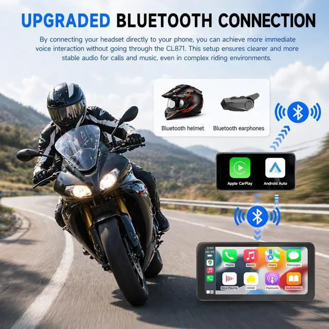 Alt view image 5 of 6 - CL871 6.25" Motorcycle CarPlay Screen, IP67, 900-Nit Display | Wireless CarPlay & Android Auto, 900-nit display, Bluetooth audio, auto brightness, IP67 and dual power options