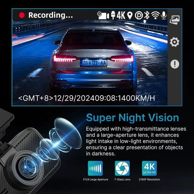 Alt view image 3 of 6 - S1 E 4K Dash Cam Front - 2160P UHD Car Dashboard Camera with 3" IPS | Built-in WiFi, GPS Tracking, Smart App Control, WDR Night Vision, 24H Parking Monitor, Emergency G-Sensor, Loop Recording