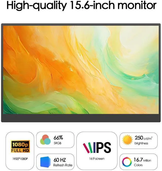 Alt view image 2 of 6 - 15.6 Portable Monitor FHD 1080p IPS 60hz Plug & Play, | Ultra Slim Travel Monitor Built-in Kickstand Type-C HDMI,Second Screen for Laptop MacBook Phone Xbox Switch