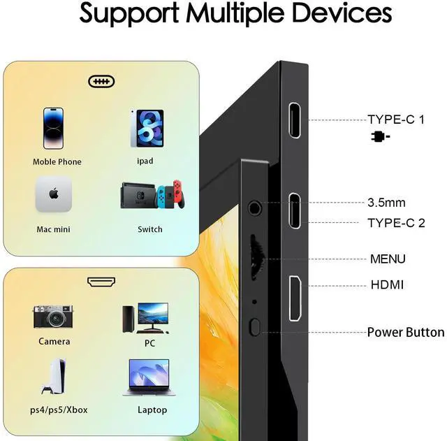 Alt view image 3 of 6 - 15.6 Portable Monitor FHD 1080p IPS 60hz Plug & Play, | Ultra Slim Travel Monitor Built-in Kickstand Type-C HDMI,Second Screen for Laptop MacBook Phone Xbox Switch