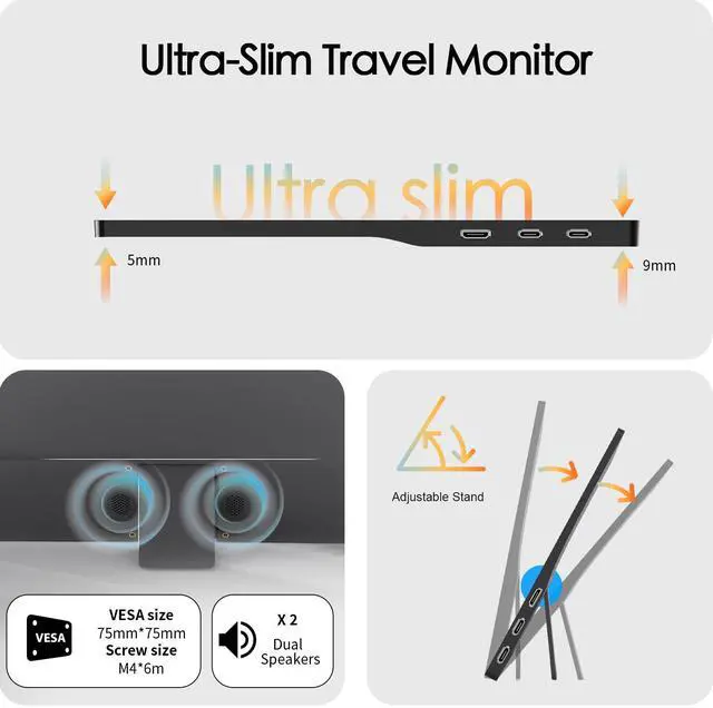 Alt view image 4 of 6 - 15.6 Portable Monitor FHD 1080p IPS 60hz Plug & Play, | Ultra Slim Travel Monitor Built-in Kickstand Type-C HDMI,Second Screen for Laptop MacBook Phone Xbox Switch