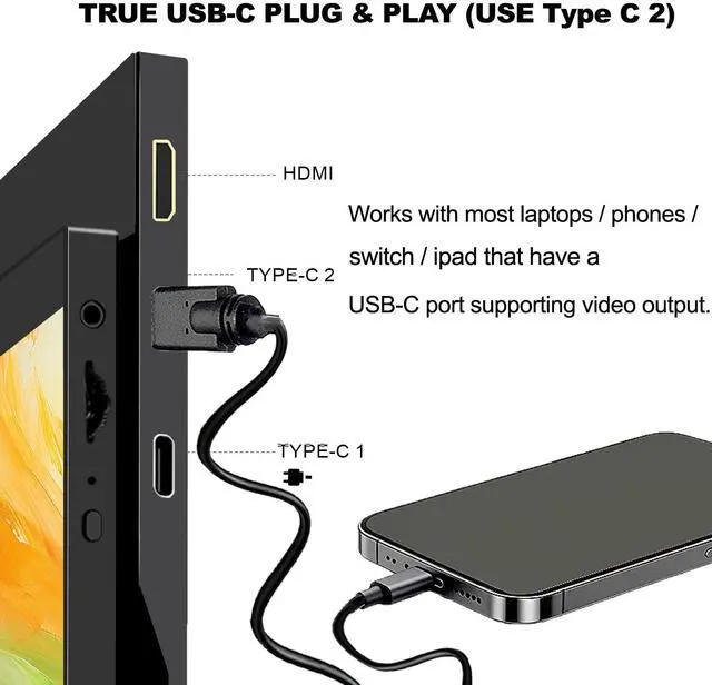 Alt view image 5 of 6 - 15.6 Portable Monitor FHD 1080p IPS 60hz Plug & Play, | Ultra Slim Travel Monitor Built-in Kickstand Type-C HDMI,Second Screen for Laptop MacBook Phone Xbox Switch