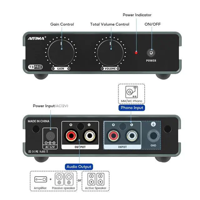 Alt view image 2 of 6 - T3 PRO MM/MC Phono Preamp | RIAA Equalization for Turntable | Professional Phonograph Preamplifier With 39dB Gain,Volume Adjust for Vinyl Record Player/Home Stereo Amplifier/Speaker