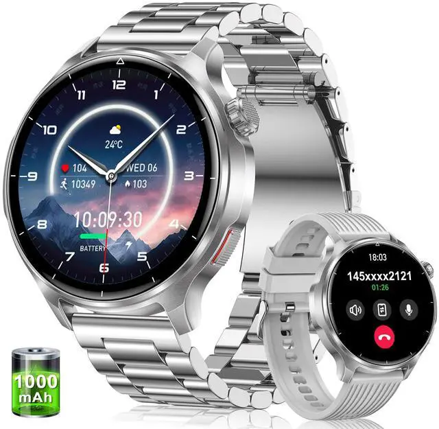 Main image of Military Smart Watch for Men 1000mAh Battery 1.52" HD Screen | Answer/Make Calls, IP68 Waterproof, 100+ Sports Modes, Sleep/Health Monitoring, Compatible iOS Android, Silver