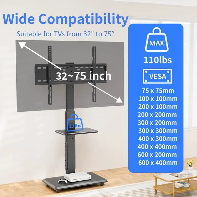Alt view image 2 of 4 - Rolling TV Stand with Power Outlet, Mobile TV Cart for 32-75 Inch TVs up to 110 lbs, 18 Adjustable Heights, Max VESA 600x400mm, TV Floor Stand with Swivel Mount/Shelf/Wheels, Fits for Bedroom, Outdoor