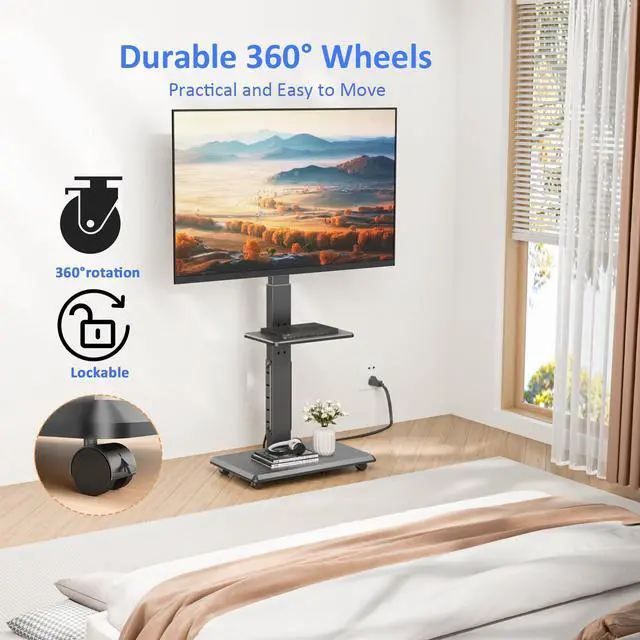 Alt view image 3 of 4 - Rolling TV Stand with Power Outlet, Mobile TV Cart for 32-75 Inch TVs up to 110 lbs, 18 Adjustable Heights, Max VESA 600x400mm, TV Floor Stand with Swivel Mount/Shelf/Wheels, Fits for Bedroom, Outdoor