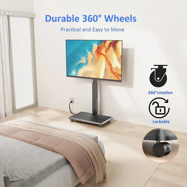 Alt view image 4 of 4 - Rolling TV Stand with Power Outlet, Mobile TV Stand for 32-75 Inch TVs up to 110 lbs, 30° Swivel TV Floor Stand, 18 Adjustable Heights, TV Cart on Wheels for Bedroom, Office, Outdoor, Black