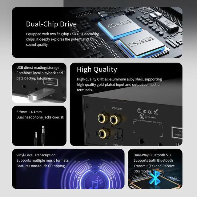 Alt view image 3 of 4 - SMSL PL20 HiFi CD Player for Home, CD Ripper, Bluetooth Car CD Players, 2*CS43131 Chip, USB Drive/Bluetooth Input RCA/BT/3.5mm/4.4mm Balanced/Optical/Coaxial Digital Output, Silver